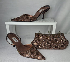 Beaded bronz Farfalla Ankle Strap Shoes Heels Size 4 matching Bag Occasion P1202
