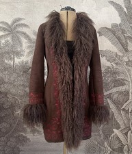 Monsoon Vintage Faux Sheepskin Suede Afghan Coat Embroidered Penny Lane Fur