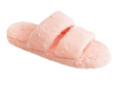 Womens Girls Fluffy Sliders Slippers In  Pink Double Strap Fur UK