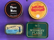 4 vintage tobacco tins Bulwark, Erinmore,  Whiskey Flake and Bell’s Three Nuns
