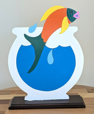 Hand crafted painted wooden fish jumping out of bowl shelf sitter puzzle 23.5cm