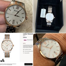 Ladies BULOVA WATCH Calendar Diamond Three Hand Rose Gold Stainless MOP Face BOX