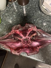 Hand Blown Vintage Bohemian Cranberry Glass Winged Bowl 7 In Tall 18 In Wide Veg