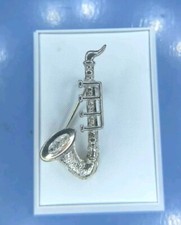 Saxophone Shape Brooch. Music. Textured Silvertone. Unisex. Boxed Gift Idea