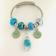 Floral Daisy Sea Glass Steel Bangle Bracelet - Hand painted charm
