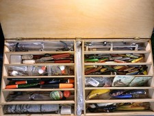 Very Large Wooden Sectioned Display Box Full Of Pike And Lure Fishing Tackle.