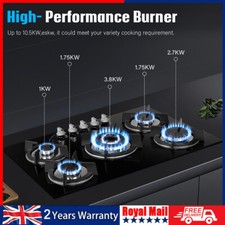 OYAJIA 77cm Black 5 Burner Gas On Glass Hob With Cast Iron Pan Stands
