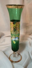Vintage Venetian Green Murano Glass Vase and Enamel Decoration 22ct Gold Gilding