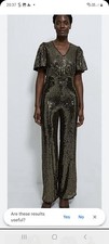 ladies gold sequin flutter sleeves jumpsuit fully lined Size uk16 new