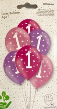 Latex round balloons, choose from age 1 or age 9, 11"/27.5 cm, 6 pack, brand new