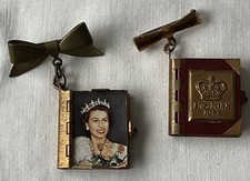 Two Queen Elizabeth II 1953 Coronation Photo Book Brooches On Ribbon Pins.