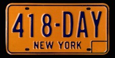 1970's NY New York Vintage Orange/Blue License Plate 418-DAY - exc. condition!