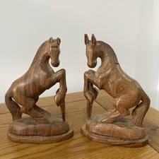 Vintage Pair Of wood Rearing Horse Figurines Dark Brown Home Decor (O26)