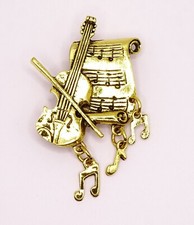 Gold Vintage Violin Music Brooch Fashion Pin Brand New FREE P&P
