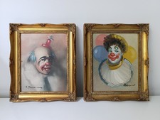 2 x Vintage 1950s FRANK F DRESSEN Original Art Oil Painting Clown 8x10" Signed
