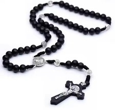 Rosary Bead Crucifix Necklace  Wood  Saint Benedict Catholic Jewellery Cross UK 