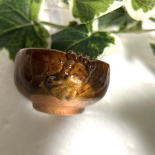 Ambercolored Sake Cup with Crab Motif Handcrafted Pottery Used