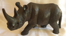 VINTAGE AFRICAN TRIBAL FOLK ART BLACK CARVED WOODEN RHINO