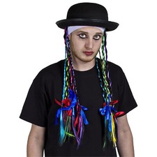 1980S POP STAR HAT CHAMELEON PLAITS AND WHITE HEADBAND CELEBRITY FANCY DRESS