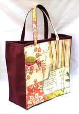 LARGE 100% cotton oilcloth/waterproof canvas tote bag 32x32x14cms-Wine patchwork