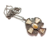 Miracle Celtic Cross Retro Vintage Silver Tone Faux Stone Pendant Necklace 