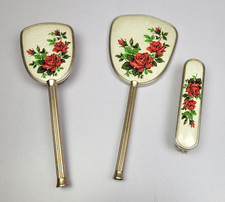 VINTAGE 3 PIECE DRESSING TABLE SET   ROSES-MIRROR+HAIR & CLOTHES BRUSH