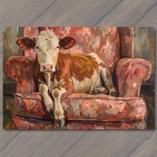 Art Print Cow On Couch Sofa Chair Calf Cute Fun Painting Unusual Country Farm