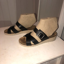 Plakton Bios Black Leather Wedge Platform Strappy Sandals EUR 37 UK 4 *exc cond*