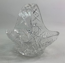 Vintage Clear Cut Glass Lead Crystal Basket with Handle - Pin Wheel Design