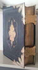 STUNNING LARGE ANTIQUE FAMILY BIBLE WITH BRASS CLASPS & CORNERS, PLATES, c1875