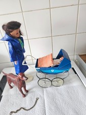 VINTAGE SINDY WALK IN THE PARK DOG & PRAM + BABY. 1980S PEDIGREE