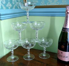 SET of 6 BEAUTIFUL ART DECO CHAMPAGNE COUPES/SAUCERS CUT GLASS ETCHED TWIST STEM
