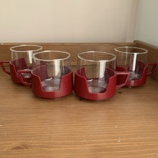 4 x Vtg JAJ Pyrex Burgundy Red Picnic Plastic Holders & Glass Cups Camping