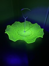Vintage Uranium Green Glass Cake Stand with Handle Art Deco