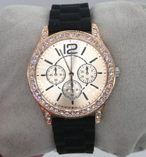 Ladies Rose Gold Diamante Quartz Watch Black Silicone Strap Claires Accessories