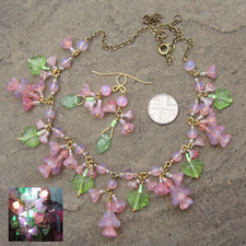 Vintage pink opalite druks, with Czech glass  flowers necklace & earrings,