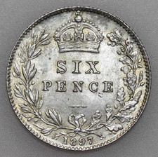 1897 VICTORIA OLD HEAD SIXPENCE, BRITISH SILVER COIN, UNC