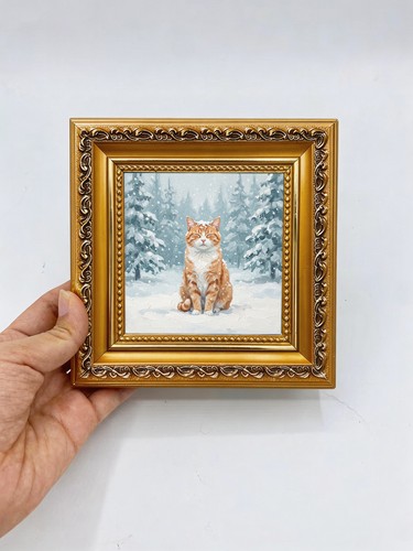 Orange cat sitting snowy - orange, in