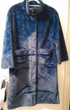 Tamsy dark blue faux fur long coat with pockets & high neck, size M (12), BNWOT