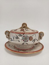 Antique Hand Painted Lidded Tureen with Underplate Ceramic Floral Design