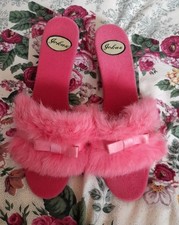 Vintage Fluffy Boudoir Slippers Coral Salmon Pink Ribbon Bow Hong Kong 1960s