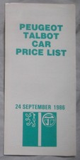 September 1986 Peugeot Talbot Price List