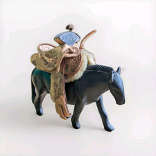 Miniature Leather Saddle Handmade Embossed Cowboy With Wooden Horse Vintage