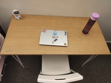 Modern Wooden Work Desk with White Metal Legs & Folding Chair, Great Condition!