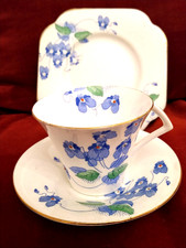 COLCLOUGH LONGTON Art Deco Blue Pansy / Viola China Tea Set (Trio)