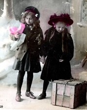 Christmas Card RPPC two girls with wooden crate package present antique #6