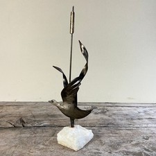 Vintage MCM Brutalist Flying Duck Metal Sculpture on Stone Base