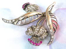 Vintage French Silver Brooch Floral Bouquet with Pink and Clear Paste Stones