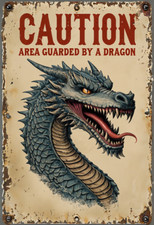 Caution Area Guarded By A Dragon Metal Sign, Dragon sign, Dragon Plaque.