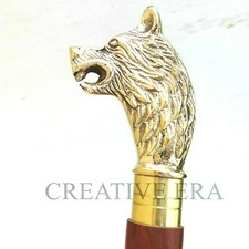 Wolf Handle Walking Stick Cane – Solid Brass Head – Wooden Brown – All Sizes